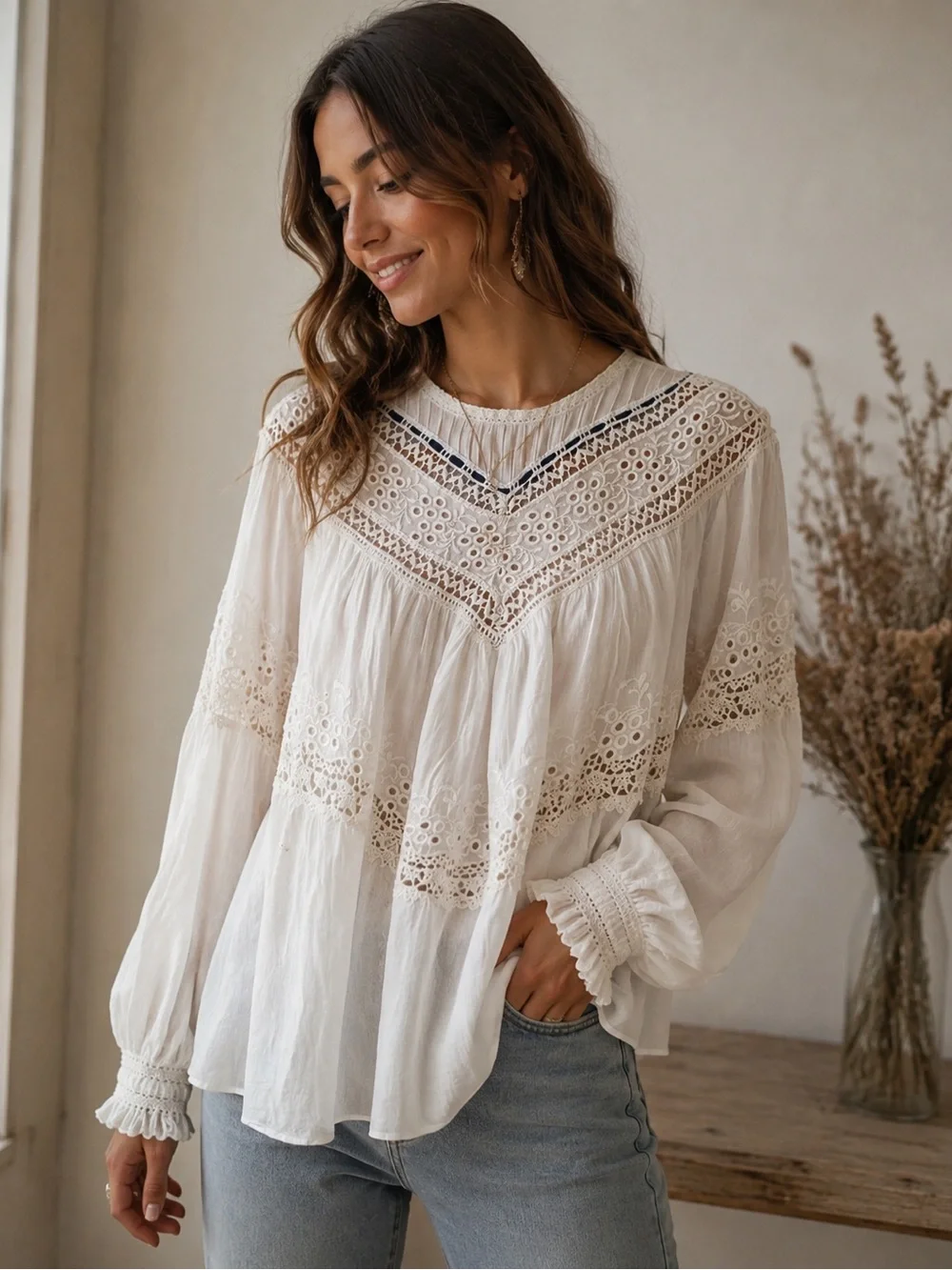 Free People Cream Lace Yoke Peasant Blouse